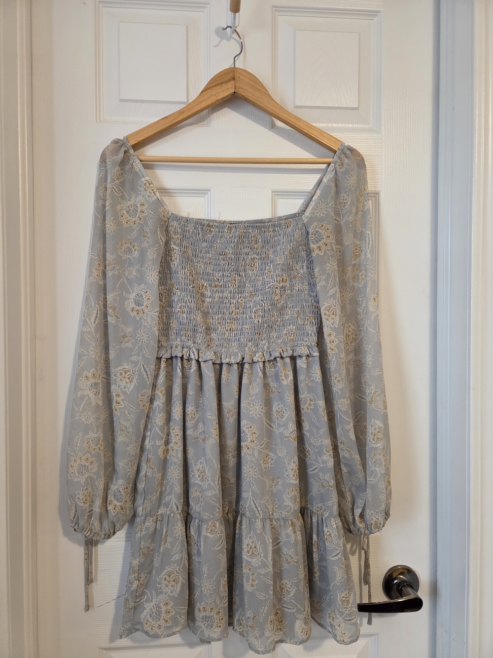 Dynamite Dusty Blue Floral Smocked Top with Cream Accents